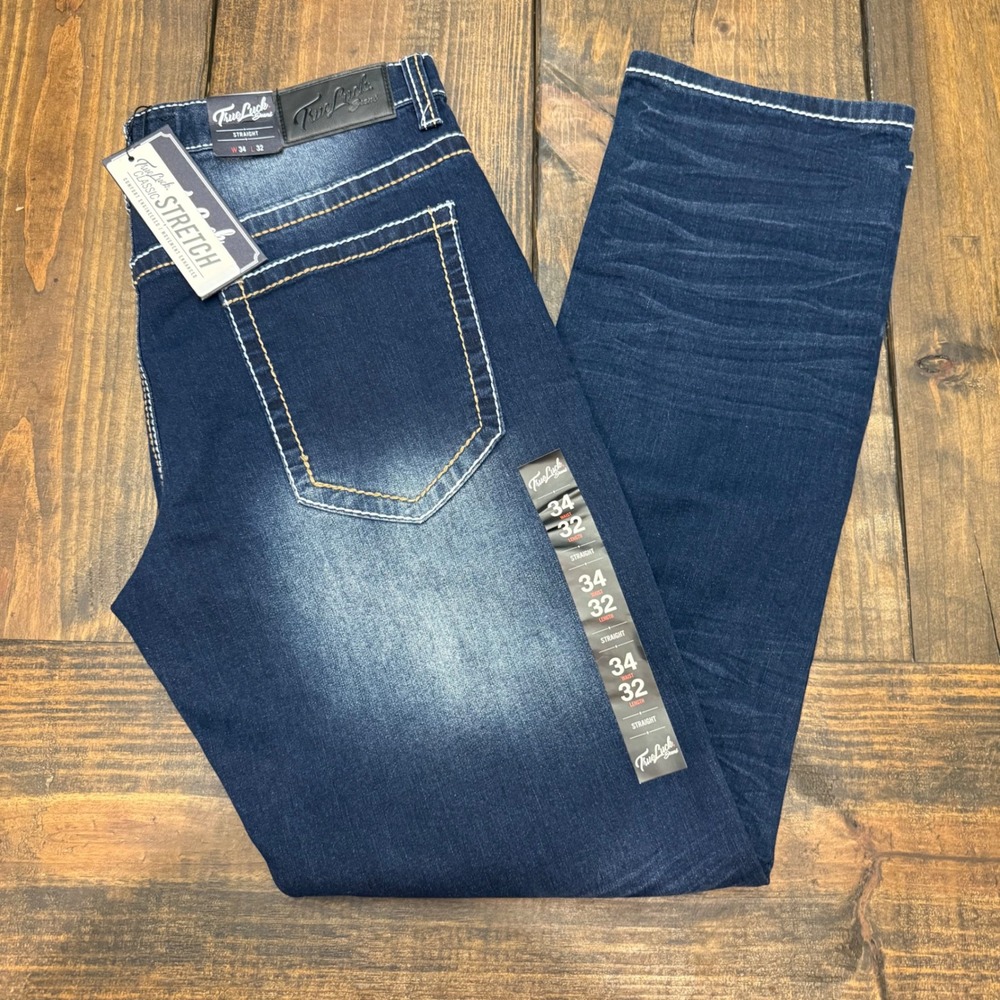 True Luck Jeans Mens 34x32‎ Straight Dark Wash faded Denim Classic Stretch, nwt